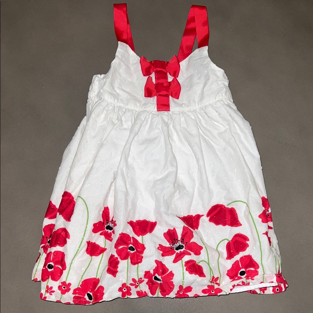 Penelope Mack White Dress with Red Floral Design and Red Bows